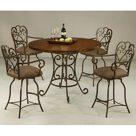 5 Piece Round Hammered Metal Top Table & 26" Counter Stool with Arms Set